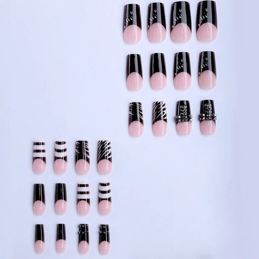 24pcs Dark Black French Style Press On Nails Metal Rivet Decor Punk Series False Nails European Square Fake Nail For Spicy Girls
