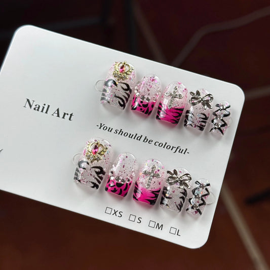10pcs high-end y2k Millennium Spice Girl style, hand-painted zebra stripes, dazzling sequins with pile of diamonds handmade fake