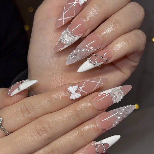 24pcs Sweet Love Fake Nails Art Wearable Pearl Bow Design Stick on Nail Tips White French Long Almond Press on False Nails Sets