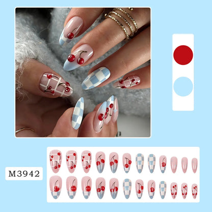 24PCS Almond Pink Blue Fake Nails Checkered Cherry Print Sweet Coquette Style Press on Nails Reusable False Nails for Daily Wear
