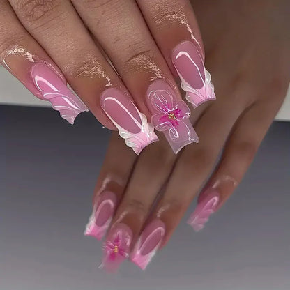 24pcs Flower French Fake Nails Pink Mid-length Square Finished False Nail 3D Jelly Hibiscus Design Gradient Press on Nails Tips#