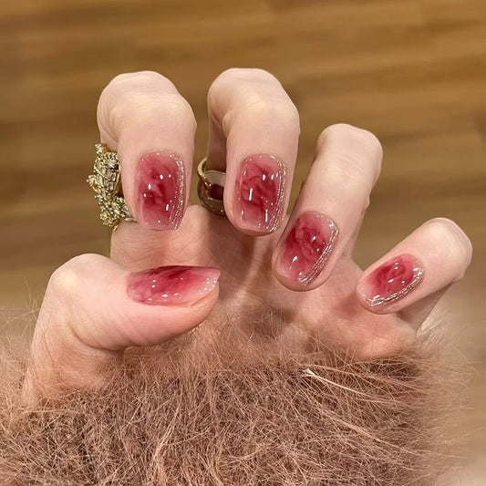 24Pcs Gentle Rose French Glossy Wearing Fake Nails Tips Fashion Sweet Short Round Press on Nails Gradient Detachable False Nail