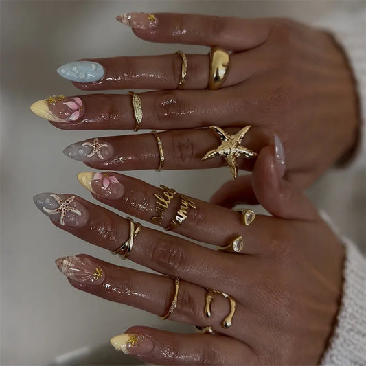 30pcs XS/S/M Press on Nails Summer Ocean Starfish Flower Design Fake Nails Ins French Almond False Nails for Women Girl Wearable