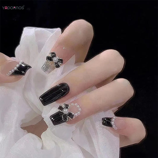 Black French Tip Fake Nails Bowknot Decoration Press on Nails Full Cover Square False Nail Tips For Women DIY Manicure 24Pcs