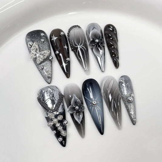 10Pcs Black Silver Cat Eye Glitter Long False Nails for Spice Girl Gradient French Flowers Chain Wearable Finished Nail Stickers