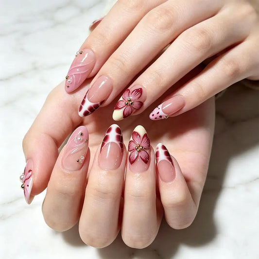 10Pcs 3D Flower Gold Beads Handmade Press On Nails Nude Pink French Almond Fake Nail M/S/XS Artificial Wearable False Fingertips
