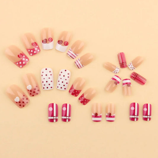 24pcs Pink White French Style Press On Nails Cute Love Heart Button Designs False Nails Polka Dot Plaid Sweet Girls Fake Nail