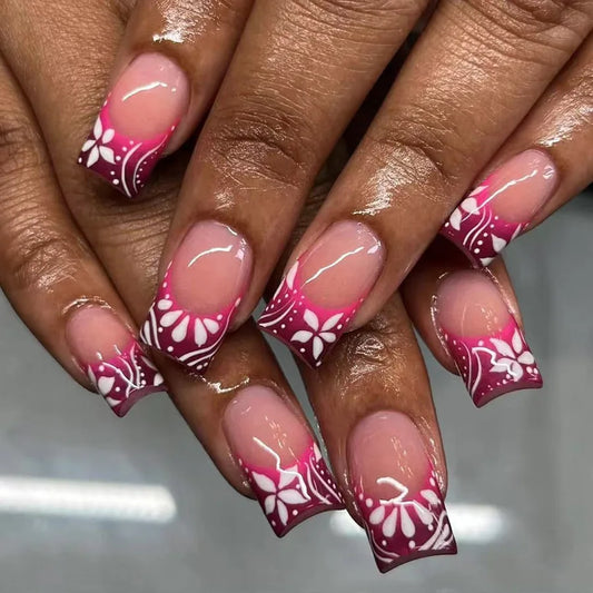 24Pcs Mid-length Square Head Full Cover Nails Tips Gradient French Line Rose Red Flower Fake Nails Press on Reusable False Nails