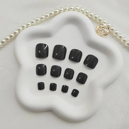 24PCS Women's Solid Color Black Toenail Press, Matte Fake Toenail Press, Short Square Acrylic Press, Reusable Black Toenail