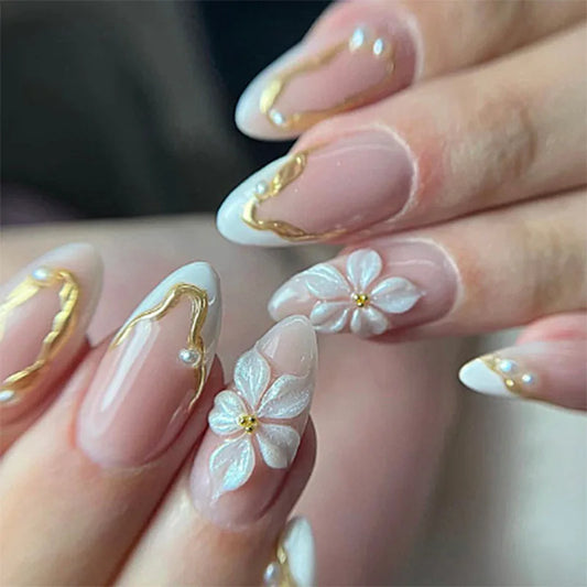 24pcs Flower Long Almond Press on False Nails Sets Reusable Gilded Lines Design Fake Nail Art Pearl French Full Cover Nail Tips