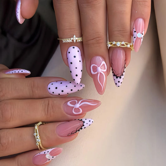 24pcs Ballerina Wearable False Nails Black Polka Dot Lace Edge French Style Press On Nails Bowknots Decor Pink Almond Fake Nail