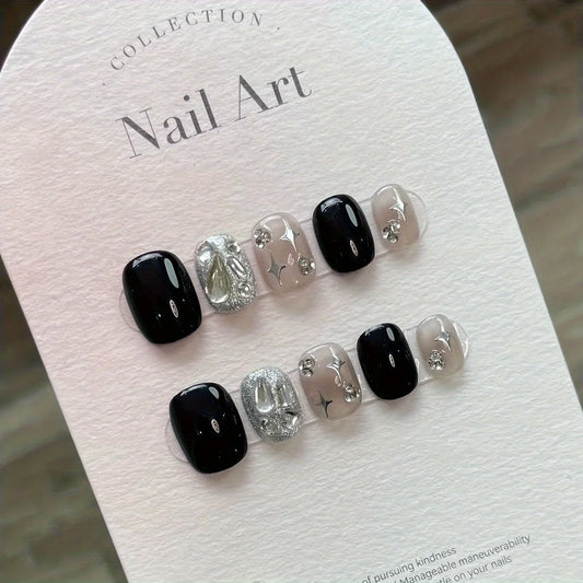 10PCS Handmade Press On Nails Ins style black sparkling four-pointed star short fake nails