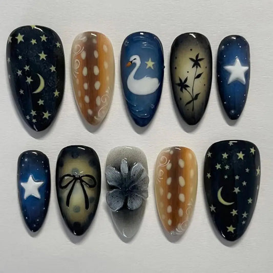 24pcs Almond Press on Nails Sets Colorful Ceramic Pattern Design Full Cover Nail Tips Star Flower Fake Nails Reusable False Nail