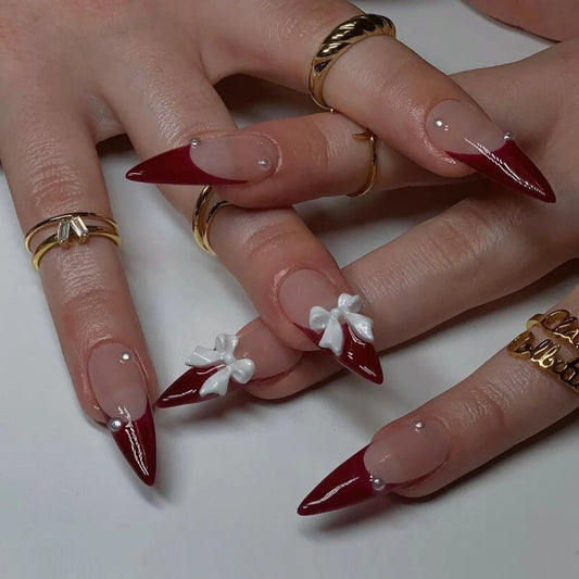 24pcs 3d Bow Red French Nail Tips False Nails Long Artificial  Fake Acrylic Nails with Design Press on Nails Art Almond Stiletto