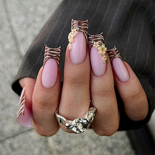 24Pcs 3D Flower Rhinestone Design Press on Fake Nails Red Pattern French False Nails Long Square Reusable Full Cover Nails Tips