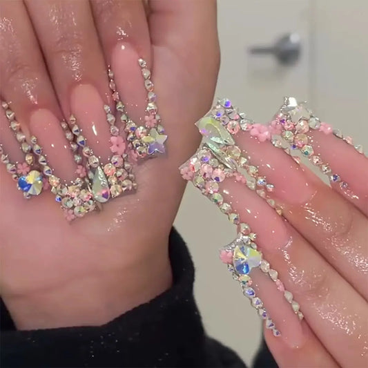 24Pcs White French border Wearable Coffin Color diamond Fake Nail Tips flower Designs Long Ballerina Press on Nails Art Manicure