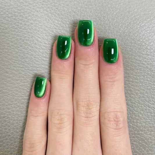 24pcs Short Square False Nails Green Cat's Eye Full Cover Nail Tips Simple Solid Color Ballet Fake Nail Reusable Press on Nails