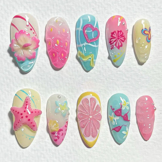 24pcs Summer Beach False Nails Art Reusable Colorful Almond Press on Nails Sets with Star Flower Design Fake Nail Tips Finished
