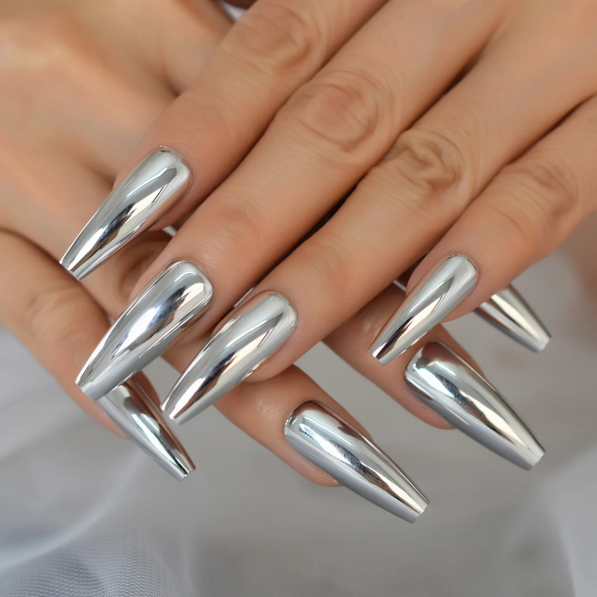 Silver Coffin Fake Nails Long Ballet Metallic False Nail Tips Solid Color Mirror Press On Nails Art Manicure At Home Salon Tools