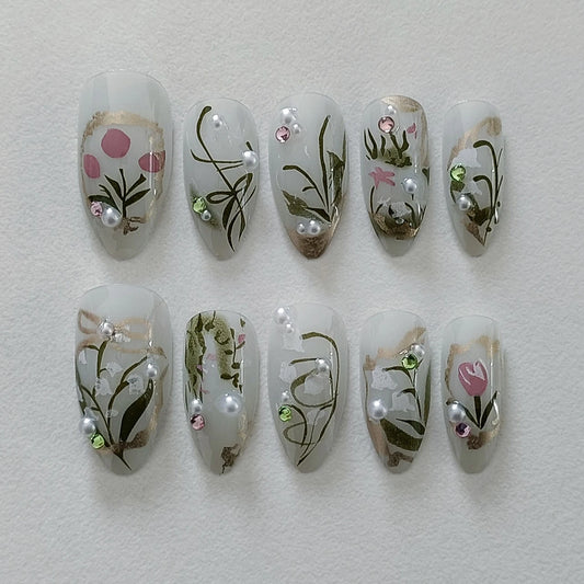 24Pcs Flora Almond Press on Nails with Glue Mori Girl Nail Art Ballet Rural Style Full Cover Wearable Acrylic Nail Manicure Tips