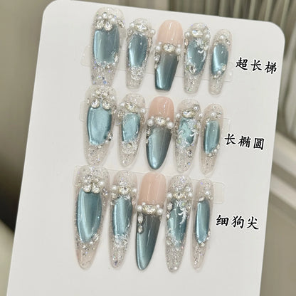 10pcs Handmade Press On Nails Ice Transparent Blue Crystal Cat's Eye False Nails Pearl Flash Sequins Rhinestone Decor Fake Nail