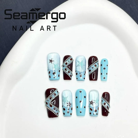10PCS Blue Cat Eye French Handmade Press on Nails Tips Brown Polka Dots Star Sweet Cool Medium Coffin Fake Nails for Spice Girls