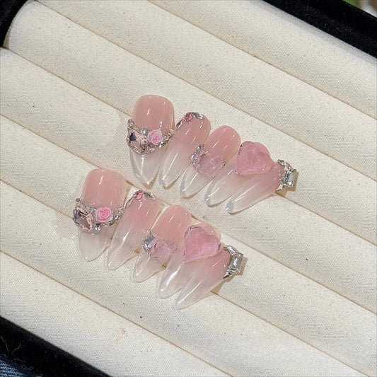 10Pcs Aurora Pink Almond Handmade Press on Nails Full Cover Bowknot Rhinestones Design French Glitter Fake Nail Wearable Nails