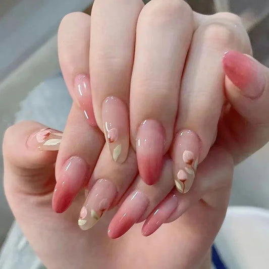 24pcs Round Head False Nail Gradient Red Tips Almond Press on Nails Sweet Fashion Almond Fake Nails Finished Detachable Manicure