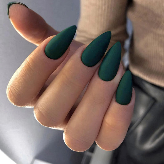 24PCS Almond Matte Dark Green Press Style Fake Nail, Medium Length Nail, Press Style Fake Nail, Reusable High-Heeled Nail