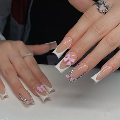 24Pcs Pink Long Ballet Coffin False Nails Butterfly Flower with French Design Wearable Fake Nails Glitter Press on Nail Tips Art