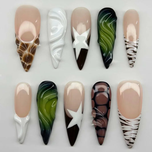 24Pcs Zebra Stripe French Press on Nails Long Almond Detachable Fake Nails Star Green Smudge Design Full Cover False Nails Tips