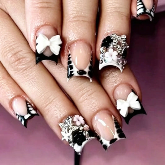 24pcs White 3D Bowkknots Press On Nails Black Leopard Print French Style False Nails Metal Rhinestone Stars Decor Y2k Fake Nail