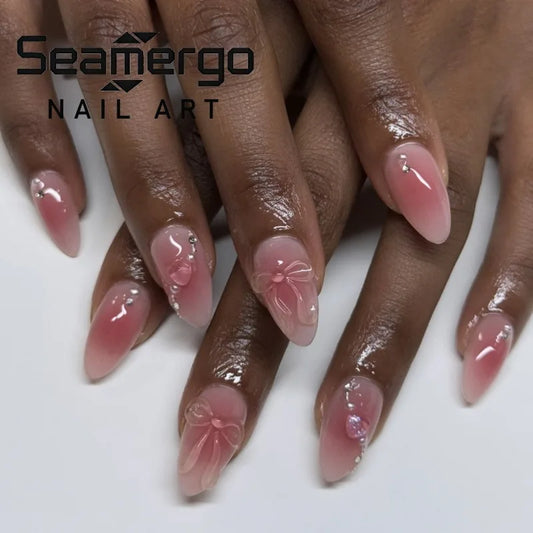24PCS Almond Blush Press on Nails Sweet Heart Diamond Cute Bow Fake Nails European American Wearable False Nails for Women Girl