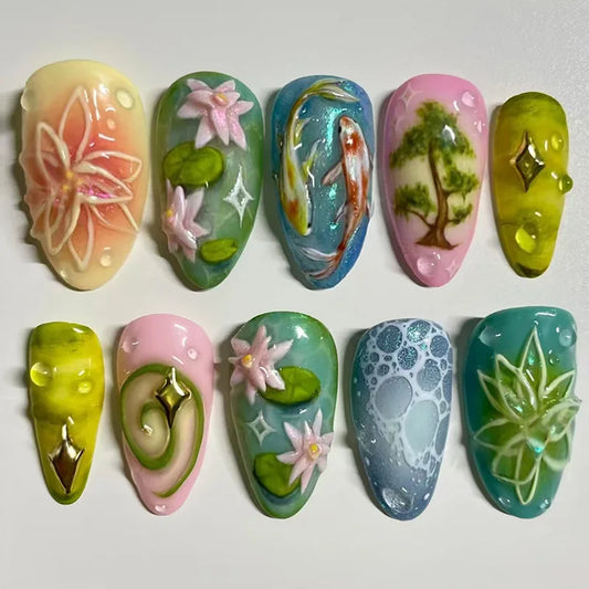 24pcs Flower Design False Nails Koi Fish Colorful Almond Full Cover Nail Tips Wearable Fake Nail Round Head Oval Press on Nails