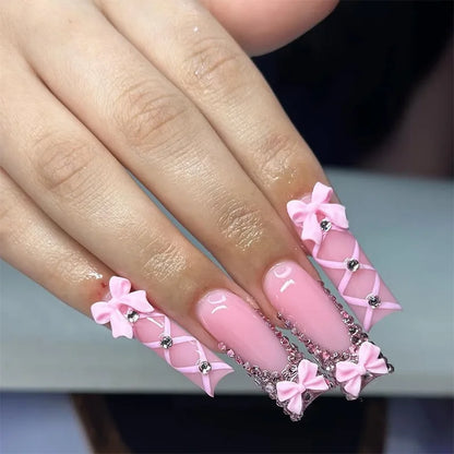 24Pcs Pink Long Ballet Coffin False Nails Butterfly Flower with French Design Wearable Fake Nails Glitter Press on Nail Tips Art
