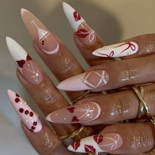 24pcs Finished Fake Nails French Pink Long Almond False Nail Art with Cherry Bow Design Stiletto Press on Nails Pearl Manicure