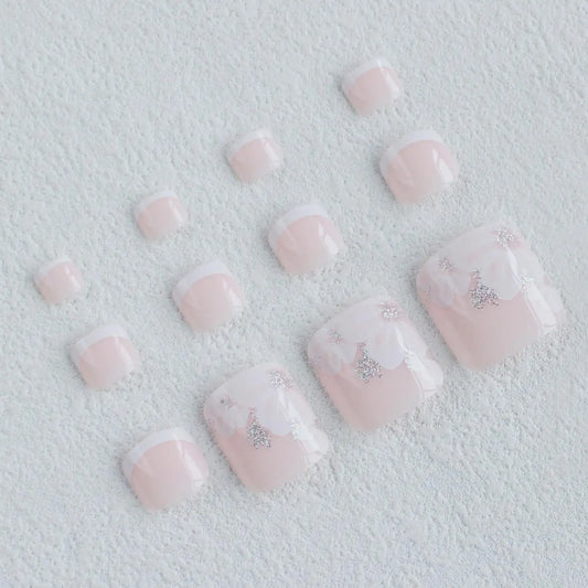 24PCS White French Style Pressed Toe Nail, Short Square Fake Toe Nail With Peach Blossom Flash Design, Acrylic Toe Nail