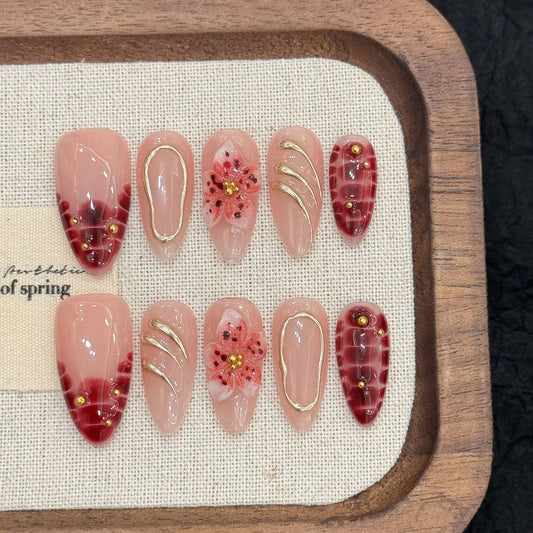 Handmade Press On Nails Almond False Nails 3D Flower Decor Fashion Glitter Nail Art Wearable French Leopard French Fake Nails