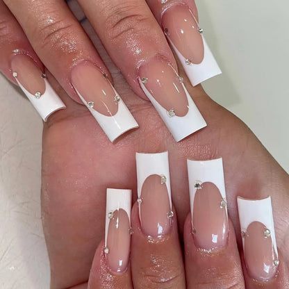 24Pcs Long Square Head French Fake Nail Tips 3D Love Heart Design Press on Nails with Rhinestone Pattern Wearable False Nail Art