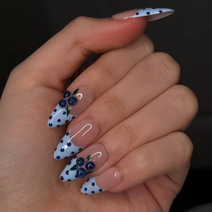 24PCS Almond Pink Blue Fake Nails Checkered Cherry Print Sweet Coquette Style Press on Nails Reusable False Nails for Daily Wear