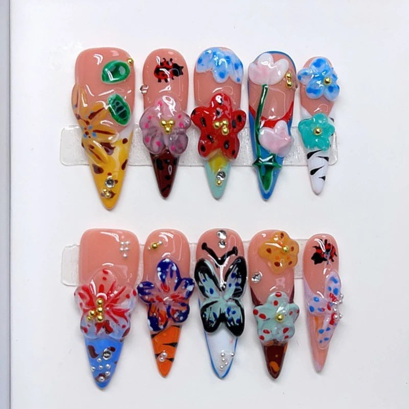 10pcs French Stiletto Handmade Press on Nails 3D Flower Fake Nails False Nails Artificial Nail Wearable Nail 네일팁 Накладные Ногти