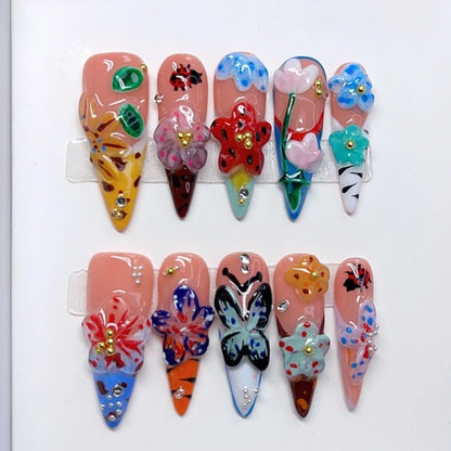 10pcs French Stiletto Handmade Press on Nails 3D Flower Fake Nails False Nails Artificial Nail Wearable Nail 네일팁 Накладные Ногти