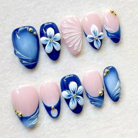 24Pcs Short Almond Detachable False Nails Cow Print French Pearl Full Cover Fake Nails 3D Flower Rhinestone Press on Nails Tips