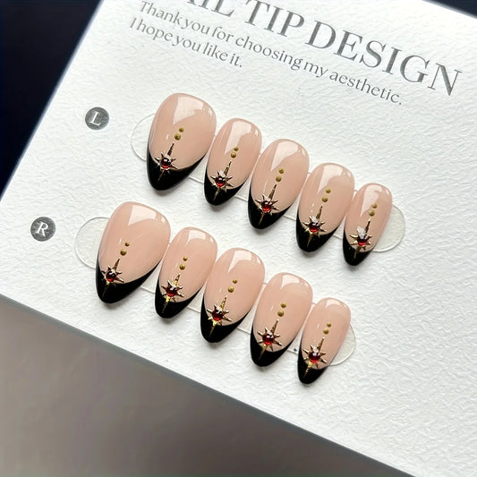 10pcs high-end New French nude light luxury design handmade fake nails, Red Diamond Premium nude pure handmade nail art