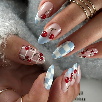 24PCS Almond Pink Blue Fake Nails Checkered Cherry Print Sweet Coquette Style Press on Nails Reusable False Nails for Daily Wear
