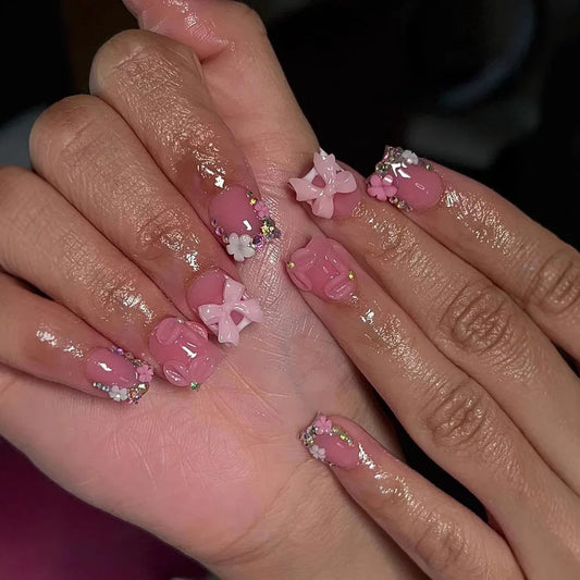 24Pcs Short Square Head French Fake Nails Press on Pink Smudge 3D Flower Design False Nails Art Detachable Full Cover Nails Tips