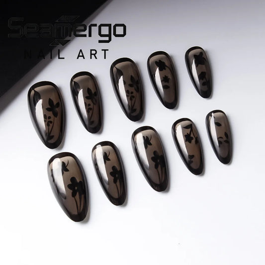 24PCS Short Almond Fake Nails Black Flower Design Autumn Winter Press on Nails Hot Girl Cool Style Removable Nail Art for Women