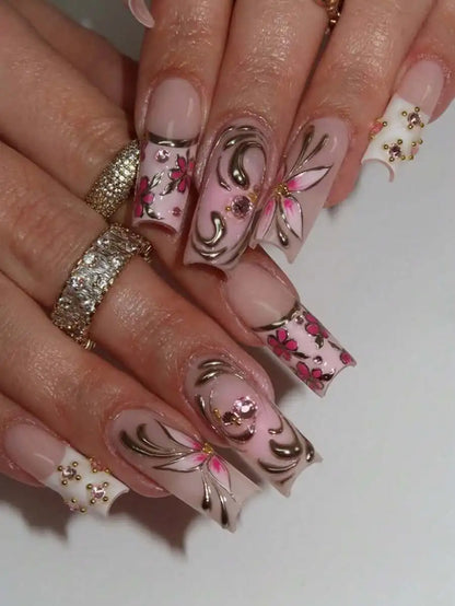 24pcs/Set Y2K French Medium Length Nail Tips, Sweet 3D Pink Flower & Wavy Design With Golden Beads Accent, Press-On Artificial