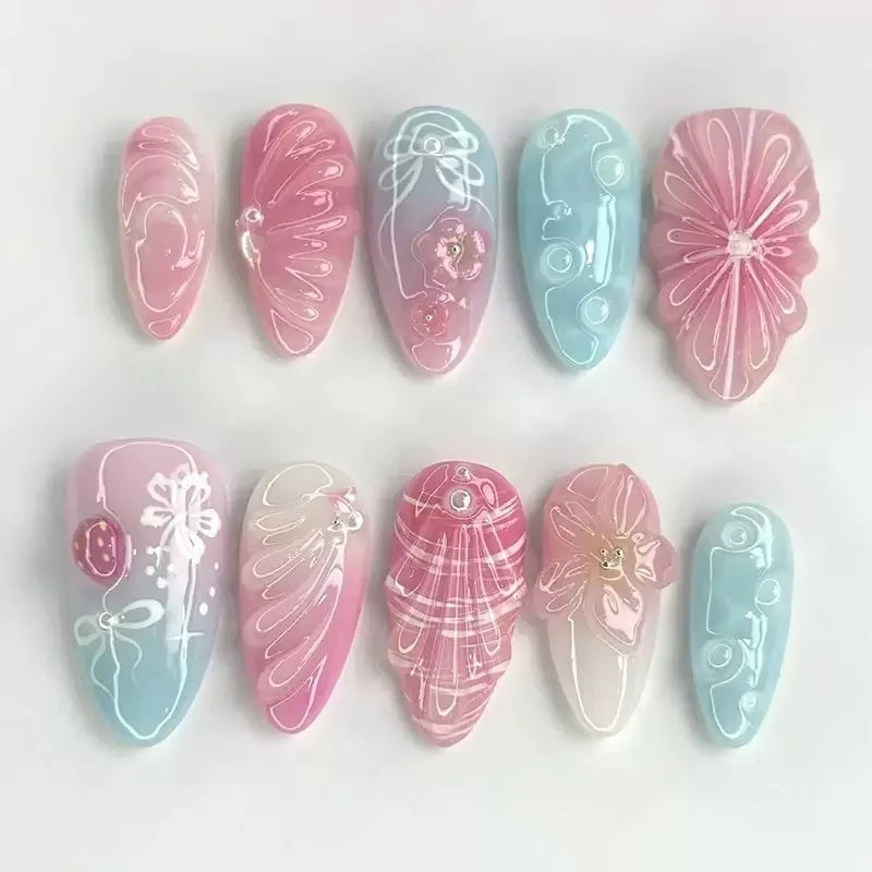 24Pcs Light Blue Smudge Fake Nails Press on Almond Gold Leaf Removable Long Full Cover Nail Tips Wearable Finished Nail Art
