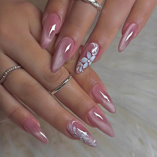 24Pcs Mid-length Almond Fake Nails Press on Pink Cat's Eye Flower Design False Nails for Woman Detachable Full Cover Nails Tips